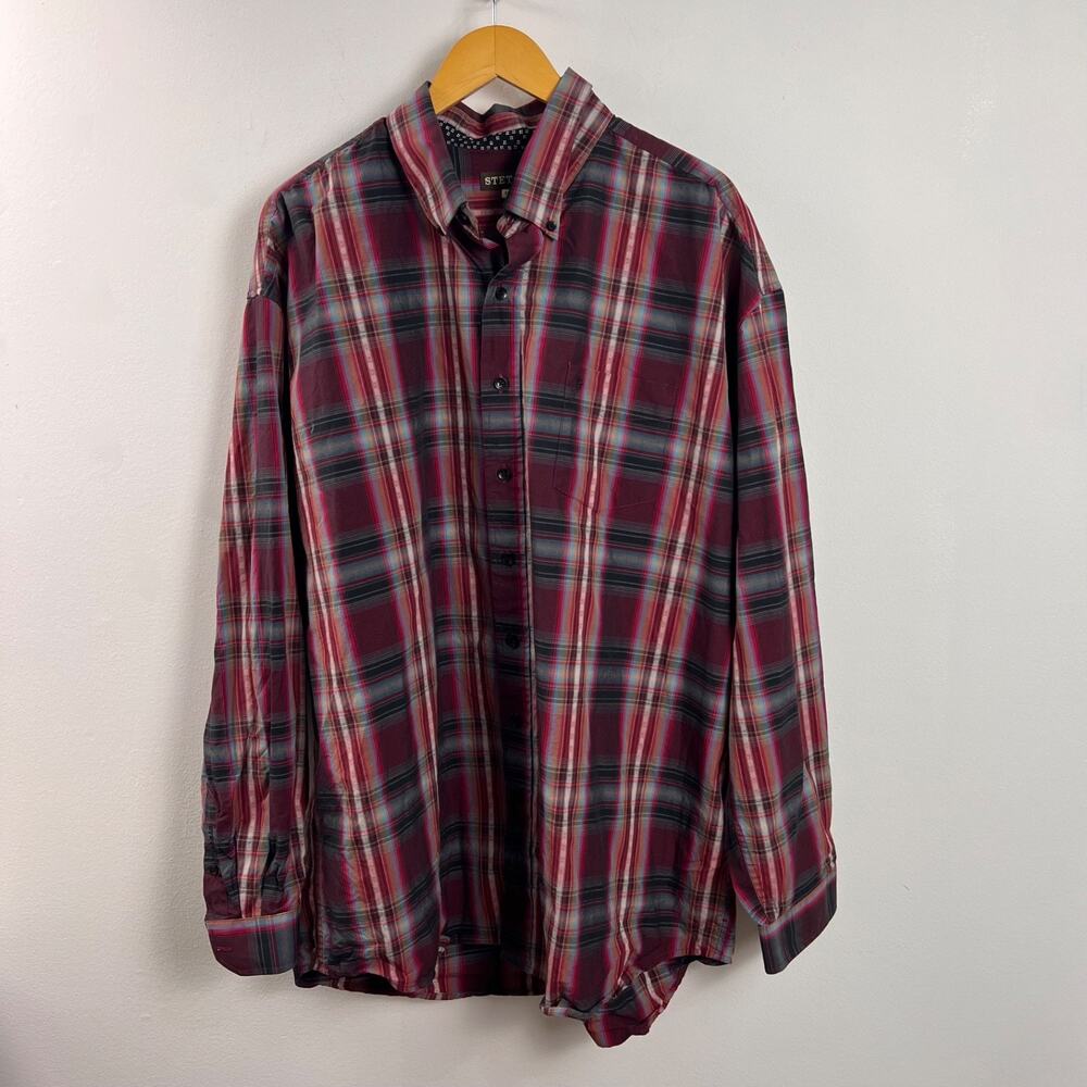 Stetson Western Shirt Men's 3XL Button Up Red Plaid Cowboy Casual 100% Cotton